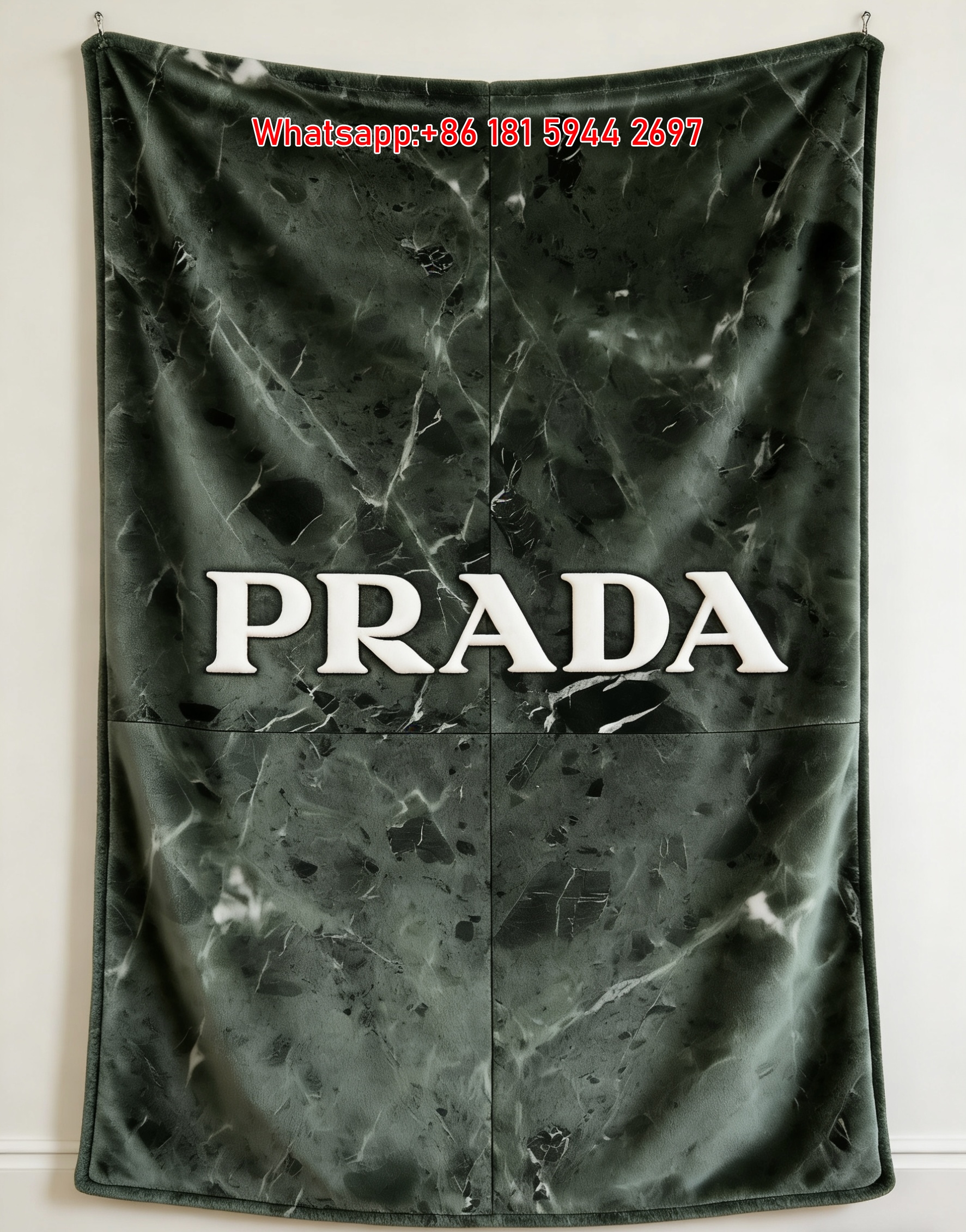 Prada Emerald Green Marble Logo Printed Flannel Throw Blanket IMG_2763